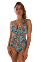 Blue Morea crisscross adjustable strap tank swimwear with structured cups.