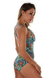 Side view of structured cup, crisscross adjustable strap women's swimsuit from Lifestyles Direct Tan Through Swimwear in blue Morea print.