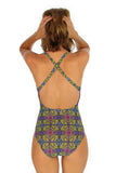 Crisscross adjustable strap bathing suit from Lifestyles Direct Tan Through Swimwear in green Heat -- back view.