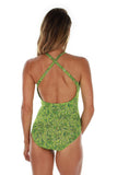 Back view of green Tahiti crisscross adjustable strap structured cup tank swimsuit