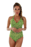 Front view of green Tahiti crisscross adjustable strap structured cup tank swimsuit