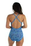 Back view of blue Tahiti structured cup crisscross adjustable strap women's tank swimwear
