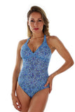 Front view of blue Tahiti structured cup crisscross adjustable strap women's tank swimwear
