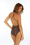 Back view of crisscross adjustable strap structured cup tan through swimsuit in multicolor Safari print from Lifestyles Direct.