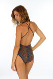 Back of multicolor Safari crisscross strap swimwear from Lifestyles Direct Tan Through swimsuits.