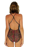 Back view of adjustable crisscross strap swimwear in pink Safari print.