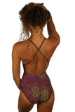 Back view of adjustable crisscross strap swimsuit in purple Safari.
