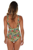 Back of tan through green Morea women's tank swimsuit with structured cups.