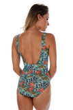 Structured cup tank swimsuit with blue Morea print. -- back view.