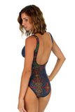 Back view of tan through structured cup womens one piece bathing suit in multicolor Safari.
