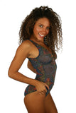 Multicolor Safari pattern on structured cup tank swimsuit with tan through fabric.