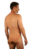 Tan through mens swimwear with 1 inch side and yellow Snake Chic pattern -- back view.