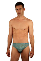Blue Snake Chic tan through mens swimwear racer with 1 inch side.