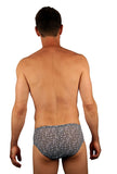 Back view -- 3 inch mens swimsuit in gray Flower Power print.