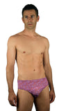 Tan through mens swimwear with 1 inch side in purple Flower Power.