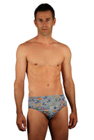 Mens tan through swimsuit with 3 inch sides and Beach Bash print.