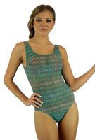 Tan through tank swimsuit in green Forever print.
