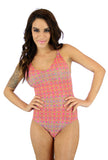 Adjustable crisscross strap womens bathing suit in pink Forever print.