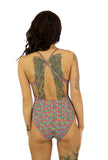 Adjustable crisscross strap womens swimsuit in pink Toucan -- back view.