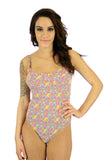 Tan through womens swimsuit in orange Bubbles print with underwire cups and adjustable straps.