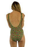 Back view of tan through swimsuit with structured cups and red Toucan print.