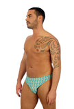Tan through mens swimwear 1 inch racer in Conch print.