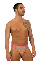 Pink Forever tan through mens swimsuit racer with 1 inch side.