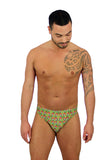 Men's tan through swimwear with 1 inch side and red Toucan print.