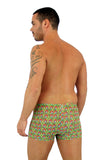 Mens swimwear bike shorts with 9 inch side and tan through red Toucan fabric.