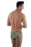 Back of one inch racer in green Morea print from Lifestyles Direct Tan Through Swimwear.