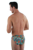 Back view of tan through men's racer with 1 inch sides and blue Morea print.