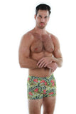 Tan through bike shorts for men in green Morea print.