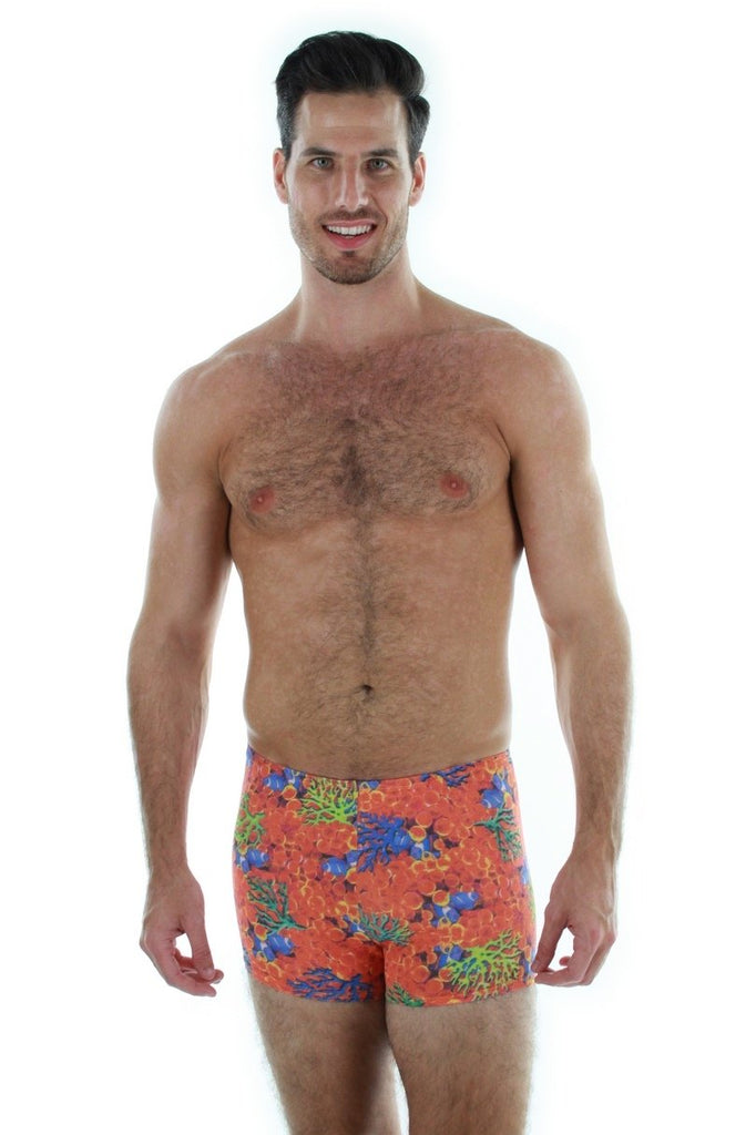 Tan through men's bike shorts -- front view -- orange Fiji.