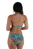 Back view of tan through ring bikini bottom with blue Morea print.