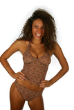 Brown Caged tan through high waist bikini bottom.