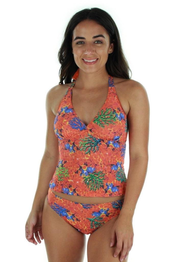 Tan through high waist bikini bottom -- front view -- orange Fiji.