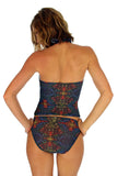 Back of multicolor Safari tan through swimwear bottoms with high waist.