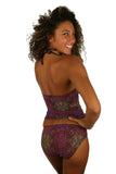 Purple Safari high waist swimsuit bottoms in tan through fabric.