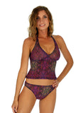 High waisted bathing suits bottoms in purple tan through Safari fabric.