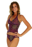 Tan through high waisted bikini bottoms pictured with tankini top in purple Safari print.