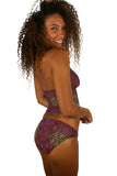 Side of high waist high waisted swimsuit bottoms -- purple Safari pattern.