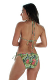 Back of green Morea tan through string bikini bottoms with double tie sides.