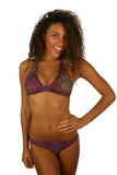 Scrunch butt bikini bottom from Lifestyles Direct Tan Through Swimwear in purple Safari print.
