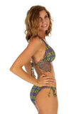Tan through double tie string bikini top -- side view -- Lifestyles Direct green Heat print.