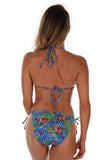 Tan through string bikini top -- back view -- blue Fiji.