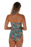 Back side of blue Morea tan through tankini bikini separates top.