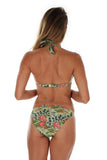 Back of halter bikini separates top from Lifestyles Direct with green Morea print.