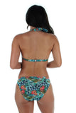 Blue Morea tan through halter bikini separates top -- back view.