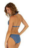 Tan through halter bikini top in blue Caged -- back view.