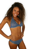 Halter bikini top in blue Caged tan through fabric.